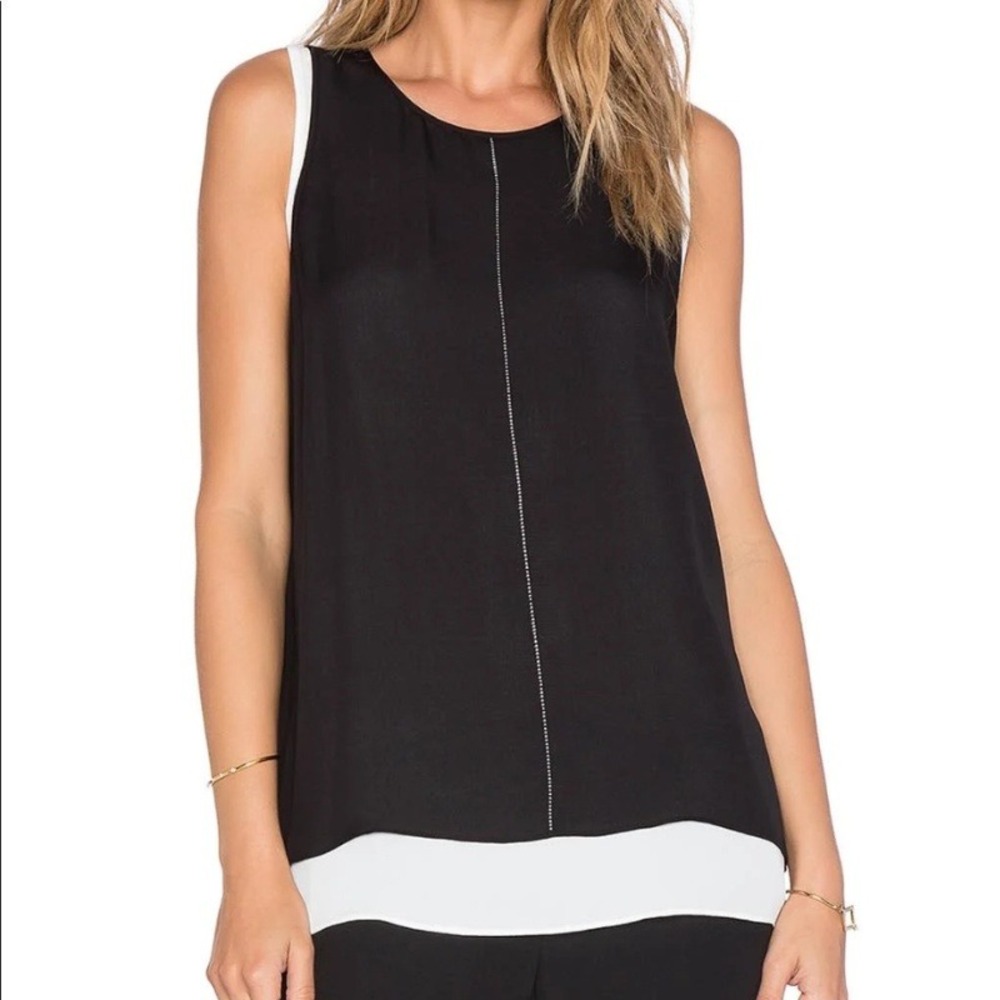 Vince Cross Stitch Double Layer Tank Silk Sleeveless Black White Blouse Size XS
